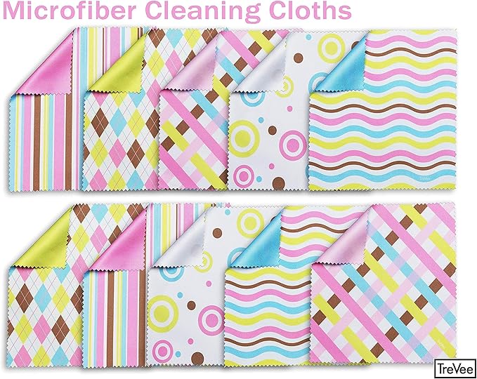 10 Pack Cute Geo-Design Multicolor Microfiber Cleaning Cloths for Cleaning Lenses, Eyeglasses, Sunglasses and Cell Phone, Beautifully Designed in Pastel Colors Blue, Pink, Green and White Cloth Wipes.