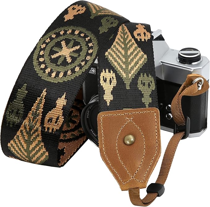 Padwa Lifestyle 2" Wide Classic Crazy Horse Art Cowhide Head Camera Strap - Jacquard Embroidery Floral Vintage Camera Straps for Photographers Gift, Adjustable Shoulder Neck Strap Fits DSLR Cameras