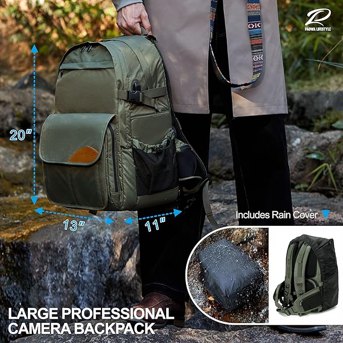 Padwa Lifestyle Professional Camera Backpack - Large Capacity Photography Camera Bag with Thick Padded Comfort Strap and Wide Waist, Versatile Photographer,Multi Cameras,Lensas,a Laptop(Green Nylon)