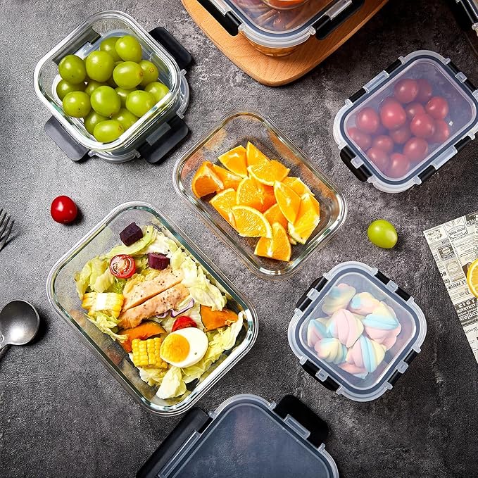 Belgol 8 Pack Glass Meal Prep Containers with Lids, Extra Thick Airtight Food Storage Set (310ml-1510ml/10.5oz–51oz), Leakproof Lunch Boxes for Leftovers