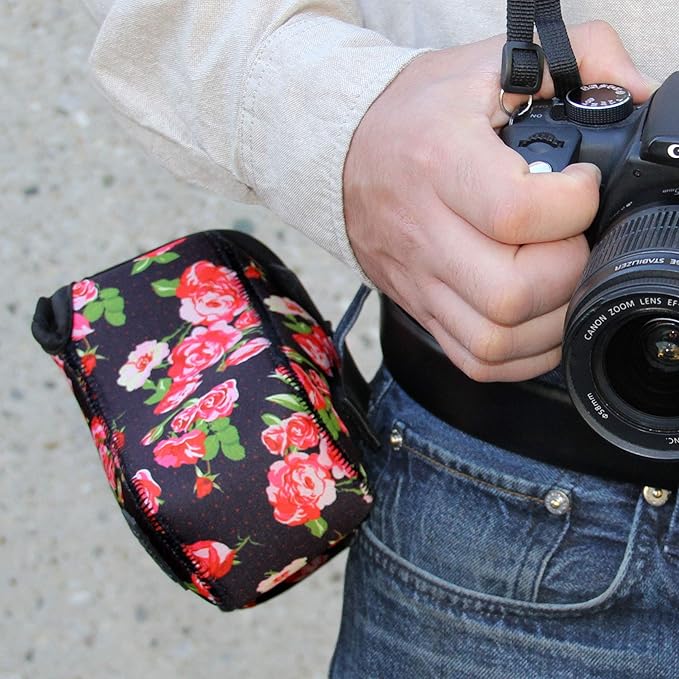 USA Gear Camera Sleeve (Medium) for Compact SLRs Compatible with Canon EOS R100 Nikon Z30 Sony ZV-E10, and more - Padded Neoprene DSLR Case with Zipper Accessory Pocket & Belt Loop (Floral)