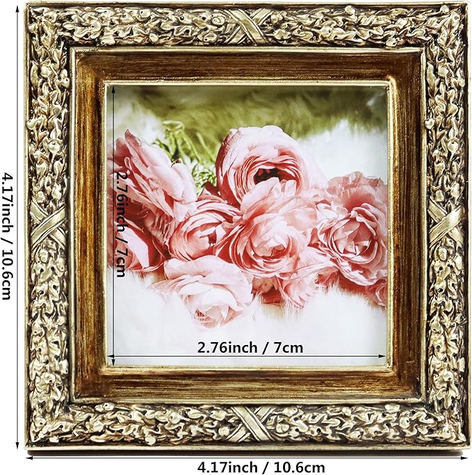 Hymmah 3 * 3inch Mini Wallet Picture Frame Vintage Photo Frame Ornate Textured Hand-Crafted Resin Frame with Easel&Hook for Tabletop&Wall Display,Photo Gallery,Art