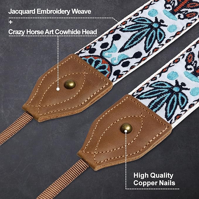 Padwa Lifestyle Camera Strap - 2" Wide Classic Vintage Crazy Horse Arts Cowhide Head Cotton Embroidered Universal Neck Shoulder & Crossbody Camera Straps for Photographers Gift and All DSLR Cameras