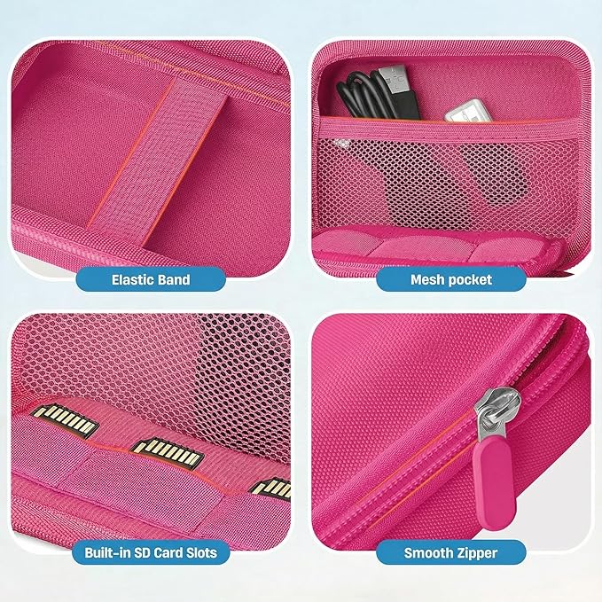 Digital Camera Case for CAMKORY/KODAK PIXPRO FZ45/FZ55/Canon IXUS 285 HS/AbergBest/Sony DSCW800/DSCW830 - Small Travel Compact Camera Holder with Mesh Pocket for SD Card & Accessories (Fuchsia)