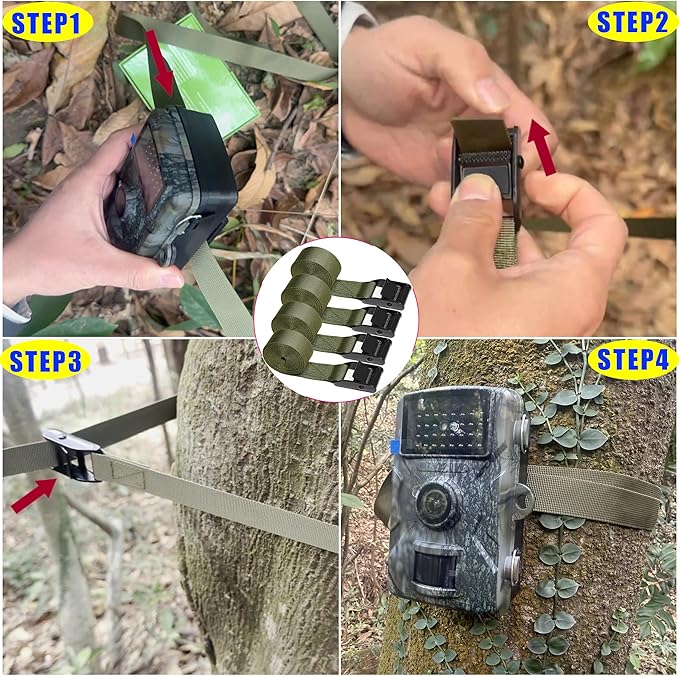 Heavy Duty Trail & Game Camera Mount Straps Belts Hunting Camera Tree Mounting Strap Belts Kit, Tie Down Straps with Buckle Portable UV Resistant and Foldable Nylon Fiber Strap Hunting Accessory 4 Pcs