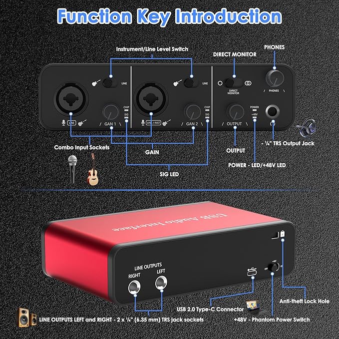 USB Audio Interface – 24Bit/192kHz Studio Recording, 48V Phantom Power – Compatible with DAWs, Perfect for Music, Podcasting & Voiceovers (Mac/PC)