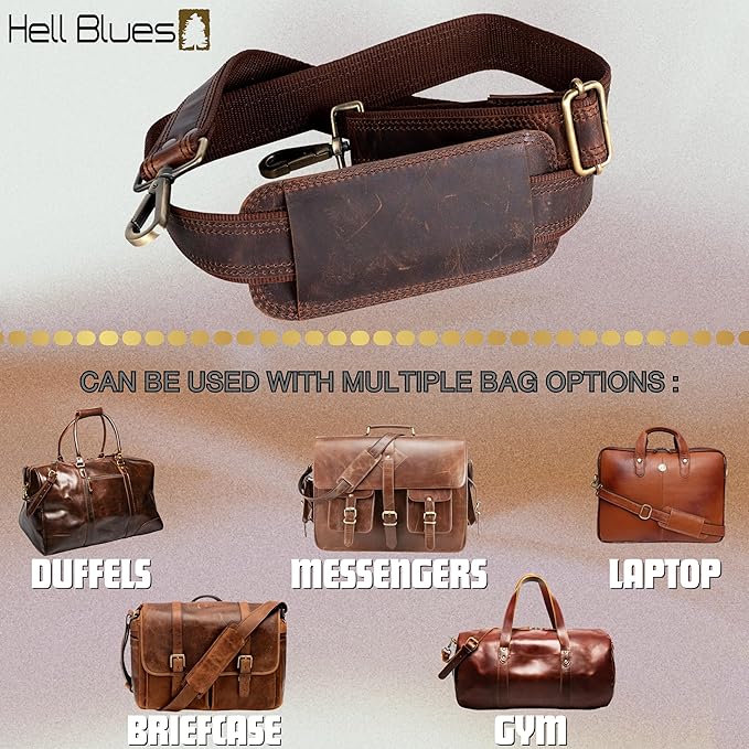 Bag Strap Replacement - Genuine Leather 57" Adjustable Shoulder Strap for Messenger, Laptop, Camera, Travel Bags