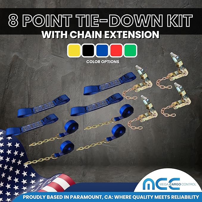 Mega Cargo Control Blue Roll Back Tie Down System Chain Ends 8 Point Tie Down Kit for Car Hauler Carrier Tow Truck - with Black Protective Sleeves