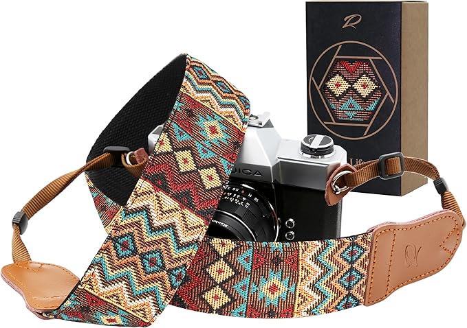 Padwa Lifestyle Camera Strap - 2" Cowhide Head Camera Straps for Photographers,Vintage Jacquard Embroidery Woven Cotton Adjustable Shoulder Neck Straps for Cameras,Binoculars（Cool Ethnic Style Brown）