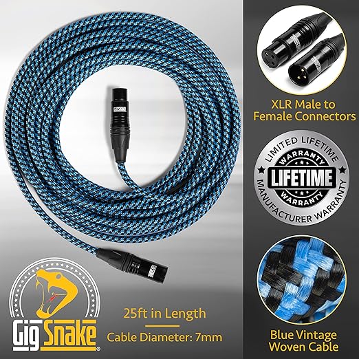 Microphone Cable 25 ft - Blue XLR Male to Female Mic Cable - Professional Studio Quality Microphone Cord and XLR Patch Lead - Reliable Dynamic Low Noise Braided Microphone Wire