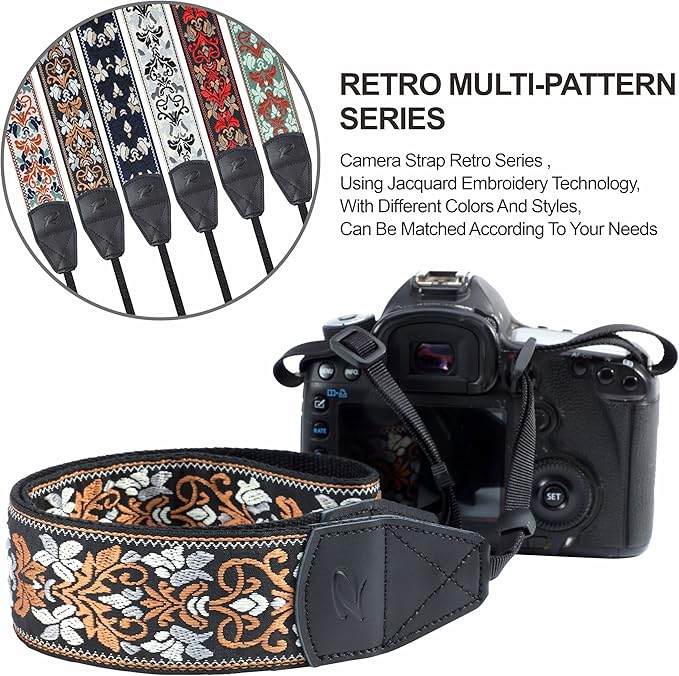 Padwa Lifestyle Camera Strap - 2" Wide Vintage Jacquard Embroidery Brown Flower Camera Straps with Genuine Leather Head,Adjustable Neck Shoulder Strap for All Cameras and Men & Women Photographers