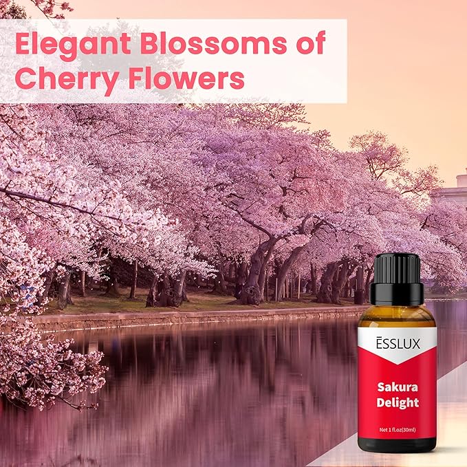 Sakura Delight Fragrance Oil, ESSLUX Aromatherapy Cherry Blossom Floral Essential Scented Oils for Home for Diffuser, Massage, Soap, Candle Making Scents, Perfume, Humidifier, 30 ml