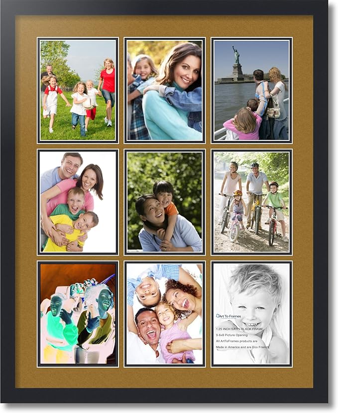 ArtToFrames Collage Photo Frame Double Mat with 9-6x8 Openings with Satin Black Frame and El Dorado mat.