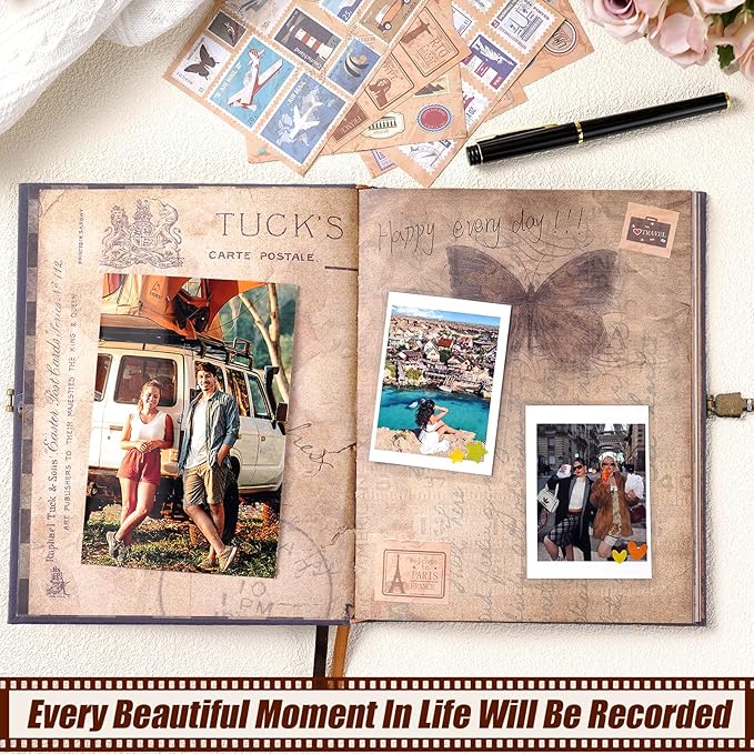 My Adventure Book Scrapbook 124 Pages Retro Style Embossed Photo Album,DIY Handmade Memory Travel Diary Photo Scrapbook for Couples,Anniversary,Wedding,Christmas Day Gifts(Blue)