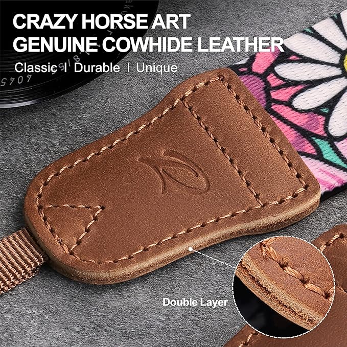Padwa Lifestyle Camera Strap - 1.5" Soft Nylon Print Crazy Horse Cowhide Head Camera Straps for Photographers and All Cameras,Cute Adjustable Vintage Woven Strap for Adults & Kids(Sunshine Flower)