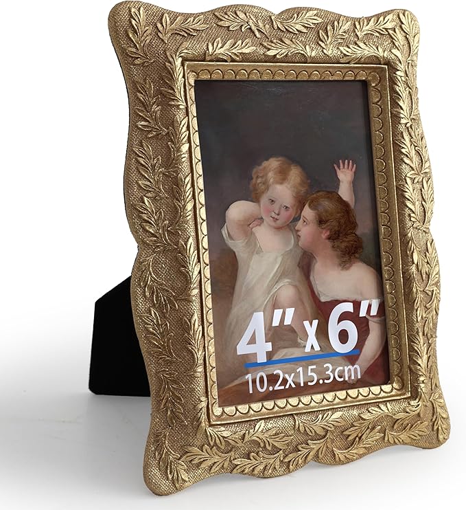 Standing Desk Photo Frame 4 by 6，Vintage Picture Frame 4x6,Luxury Photo Frames with Glass Front, Tabletop Wall Hanging, Gift Idea