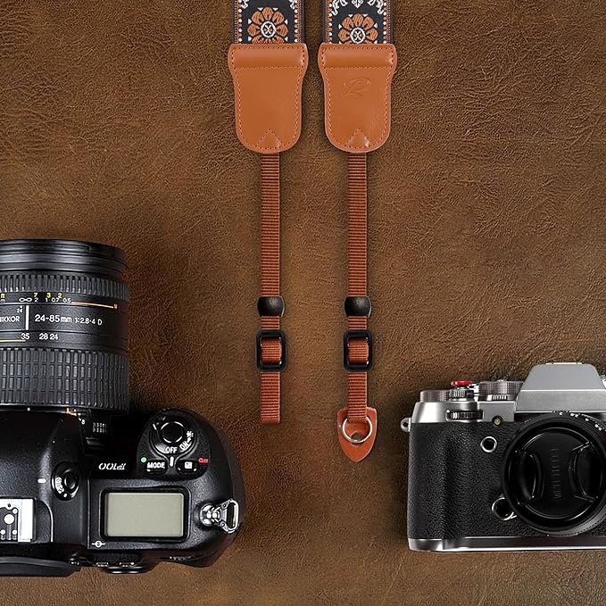 Padwa Lifestyle Camera Strap - 2" Wide Double Layer Cowhide Head Cotton Strap,Vintage Jacquard Embroidery Universal Neck & Shoulder Camera Straps for Photographers and All DSLR Cameras (Brown flower)