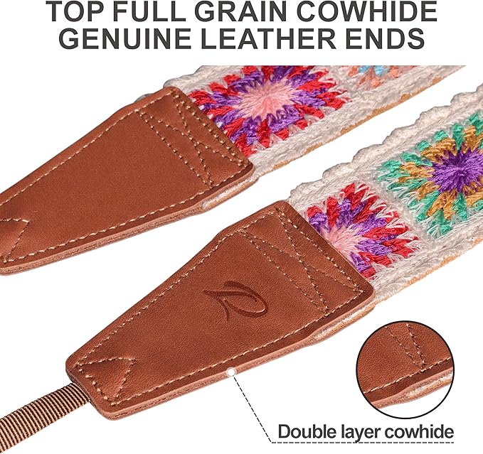 Padwa Lifestyle White Crochet Camera Strap - 2" Full Grain Leather Ends Camera Straps for Photographers, Vintage Embroidered Cotton Soft Suede Fabric Padded Strap with Quick Release fits All Cameras
