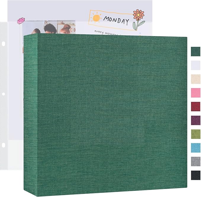 Mublalbum 12x12 Inch Large 3 Ring DIY Scrapbook Photo Album with 40 Plastic Sleeves 80 Pages Linen Cover Folder Binder for Baby Travel Wedding Couple Anniversary and DIY Projects (Dark Green)