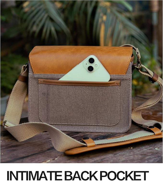 VueFoto Camera Messenger Bag,Vintage Leather Flip-top Waterproof Camera Bag,Compatible with Canon,Nikon,Sony SLR/DSLR Mirrorless Cameras For Women and Men (Khaki, Small)