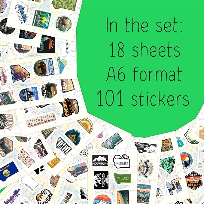 BulbaCraft 100Pcs Montana Stickers for Water Bottle and Laptop - Montana Party Favors & Decorations, Waterproof Vinyl Decals, State Pride and Icon Stickers, Gifts for Women & Men