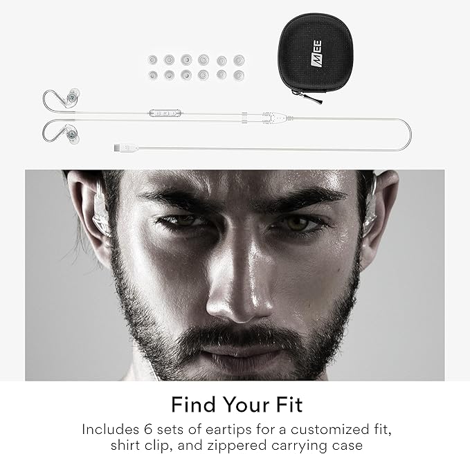 MEE Audio M6 Sport USB-C Wired Earbuds with Memory Wire Earhooks, Headset with Mic & 3-Button Remote for iPhone 15, iPad, Other USB Type C Devices; in Ear Headphones for Running/Gym/Workouts, Clear