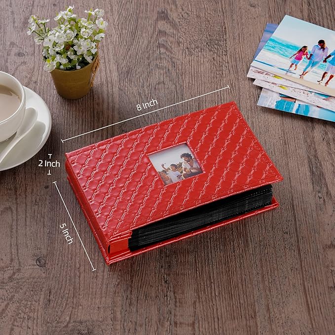 Mublalbum Small Photo Album 4x6 100 Photos Leather Cover Picture Book with Horizontal Pockets for Baby Wedding Anniversary and Family (Red)