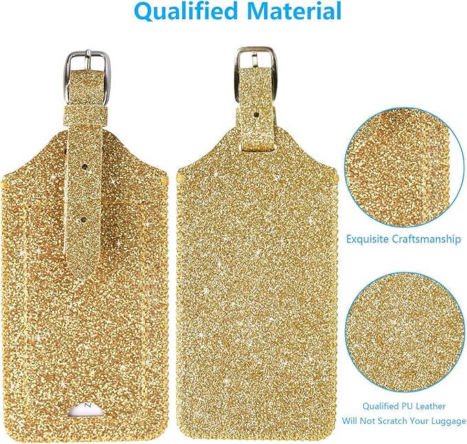 ACdream Luggage Tags 2 Pack, Leather Suitcase Tags Identifiers, Cute Cruise ID Labels with Privacy Cover fits on Backpack, Travel Bag, for Women, Men, Adults, Kids, Glitter Gold