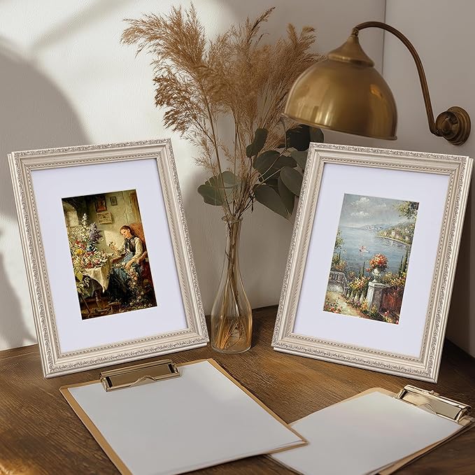 eletecpro 8x10 Picture Frames Set of 4, Vintage Frame with Glass Cover, Photo Frames 8 x 10 Display 5x7 Photo with Mat or 8x10 without Mat for Tabletop or Wall Decor, Silver Beige