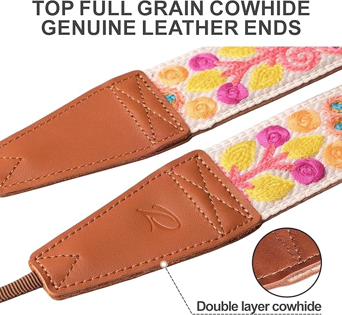 Padwa Lifestyle Colorful Crochet Camera Strap - 2" Full Grain Leather Ends Camera Straps for Photographers, Vintage Woven Cotton Soft Suede Fabric Padded Strap with Quick Release fits All Cameras