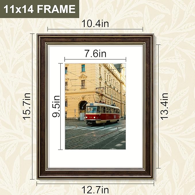 Vittanly 11x14 Picture Frame Set of 4, Vintage Photo Frame for Wall Mount, Display 8x10 Pictures with Mat or 11x14 without Mat, Rustic Farmhouse Home Decor, Brown