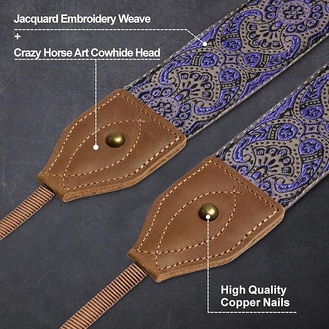 Padwa Lifestyle 2" Wide Classic Crazy Horse Art Cowhide Head Camera Strap - Jacquard Embroidery Floral Vintage Camera Straps for Photographers Gift, Adjustable Shoulder Neck Strap Fits DSLR Cameras