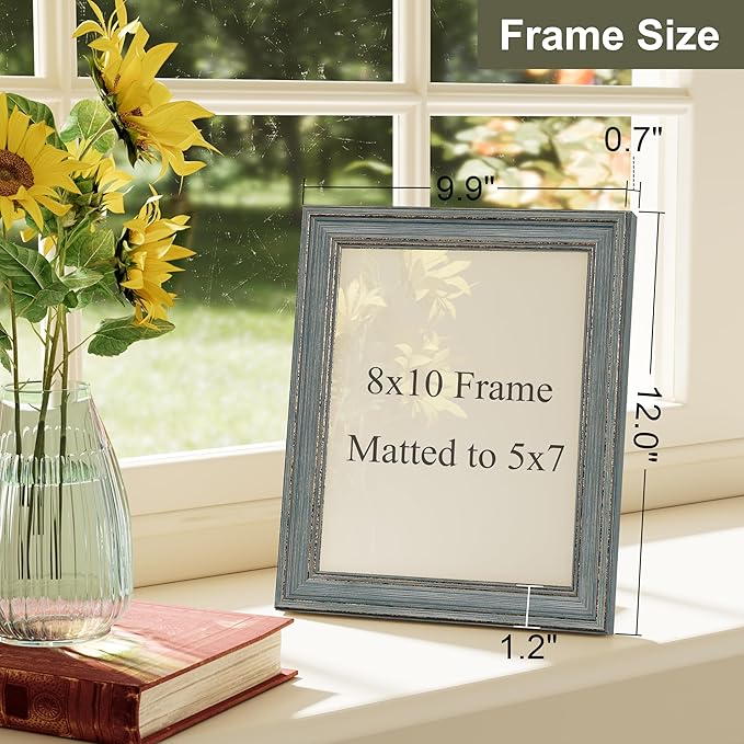 Vittanly 8x10 Picture Frame Set of 4, Vintage Photo Frame for Wall or Tabletop, Display 5x7 Pictures with Mat or 8x10 without Mat, Rustic Farmhouse Home Decor, Vintage Blue