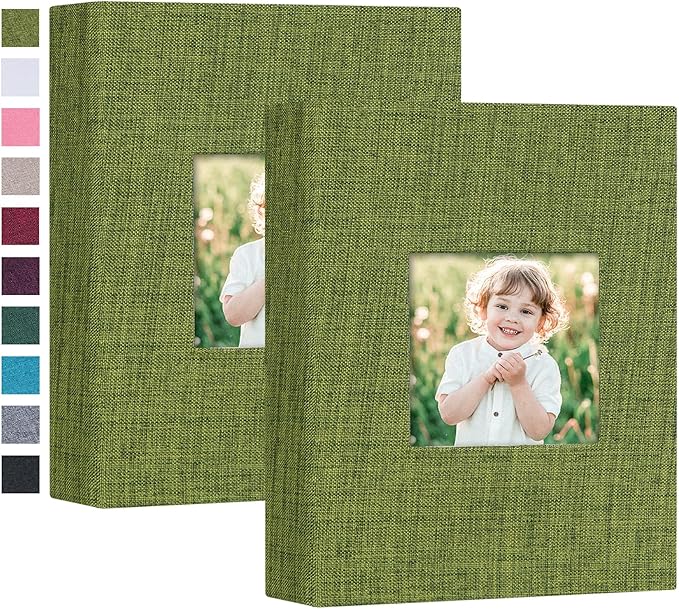 Mublalbum 2 Pack Small 4x6 Photo Album Linen Cover with Display Window Mini Picture Book Each Holds 52 Vertical Pockets for Artwork Postcards or Pictures Storage (Green)