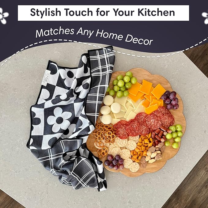Reversible Microfiber Towel - Ultra Absorbent, Quick-Drying Hand Towels - Modern Design, Scratch-Free, Lint-Free for Kitchen, Bathroom, Car Cleaning - 19x29 Inches, Set of 1 (8 Track- Black/White)