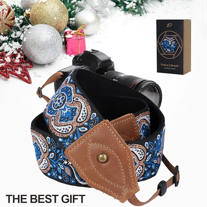 Padwa Lifestyle Camera Strap - 2" Wide Crazy Horse Art Cowhide Head,Vintage Jacquard Embroidery Camera Straps for Photographers Gift, Adjustable Shoulder Neck Strap Fits DSLR Cameras(Elegant Blue)