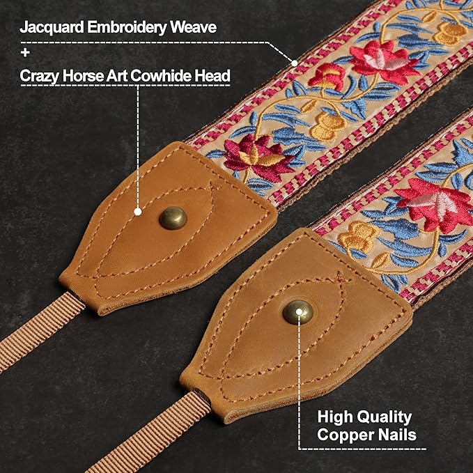 Padwa Lifestyle 2" Wide Classic Crazy Horse Art Cowhide Head Camera Strap - Jacquard Embroidery Floral Vintage Camera Straps for Photographers Gift, Adjustable Shoulder Neck Strap Fits DSLR Cameras