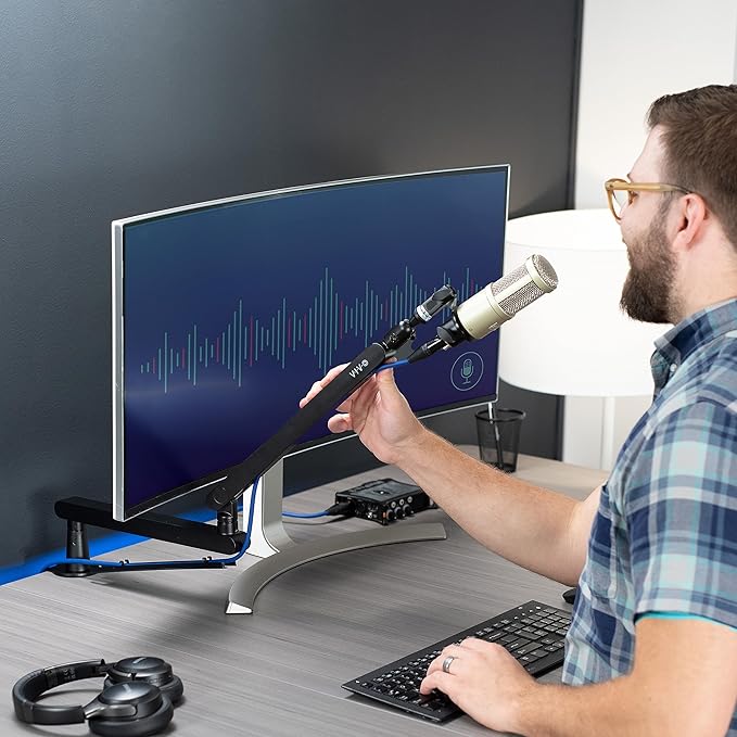 VIVO Low Profile Broadcast/Podcast Microphone Boom Arm Stand with 3/8 and 5/8 inch Screw Adapter, Heavy Duty Desk Mount, Professional Mic Stand with 360 Rotation, Black, STAND-MIC03L