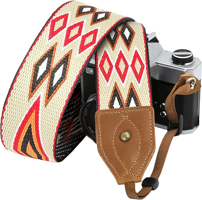 Padwa Lifestyle Camera Strap - Classic Crazy Horse Art Cowhide Leather Ends Camera Strap for Photographers, Unique 2" Vintage Embroidered Cotton Strap Adjustable for All DSLR Cameras(Red Rhombus)