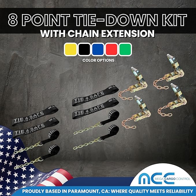 Mega Cargo Control Black Heavy Duty 8 Point Tie Down RollBack Tow Set with Ratchet Chain Extension and Black Sleeve Protectors