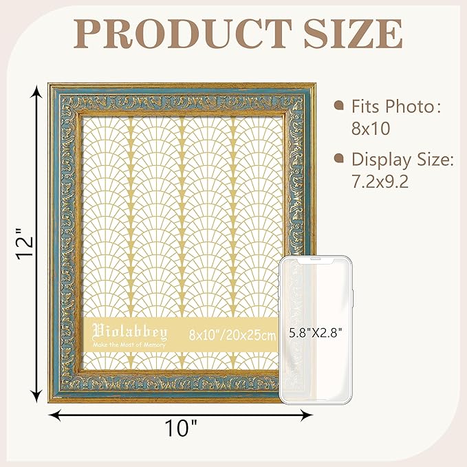 VIOLABBEY 8x10 Picture Frame Blue, Vintage Photo Frames Ornate without Mat for Tabletop or Wall Hanging