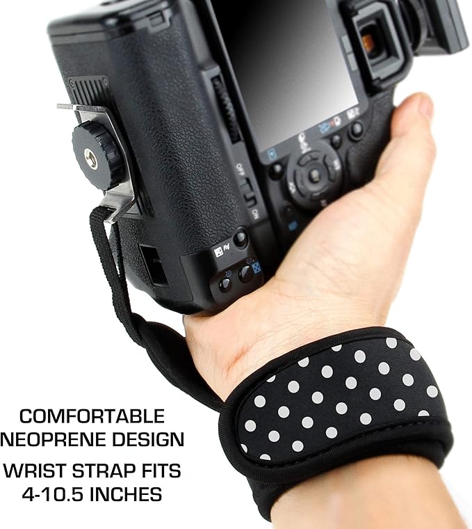 USA Gear DualGRIP Professional Grip Camera Hand Strap with Neoprene Design and Metal Plate - Compatible with Canon, Fujifilm, Nikon, Sony, and more DSLR, Mirrorless, Point & Shoot Cameras (Polka Dot)