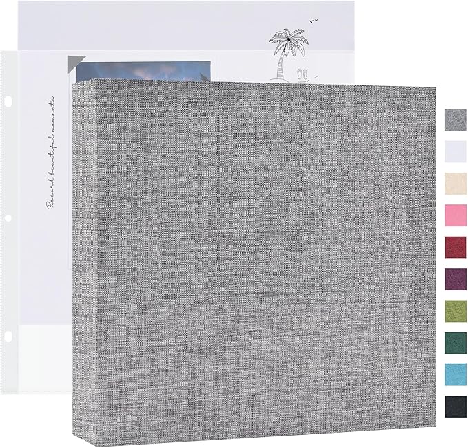 Mublalbum 8x8 Inch Small 3 Ring DIY Scrapbook Photo Album with 20 Plastic Sleeves 40 Pages Linen Cover Folder Binder for Baby Travel Wedding Anniversary and DIY Projects (Grey)