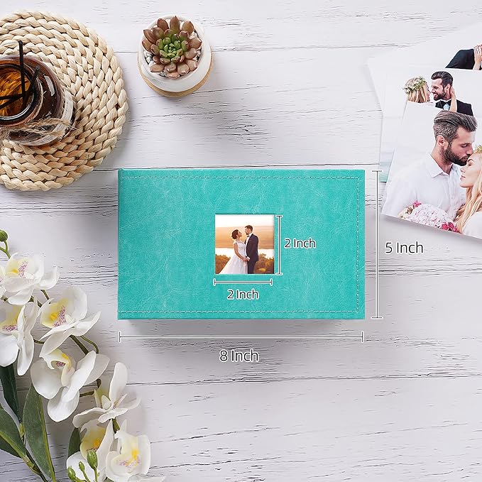 potricher Small Photo Album 4x6 100 Photos Leather Cover Picture Book with 100 Horizontal Pockets for Family Wedding Anniversary and Baby (Teal)
