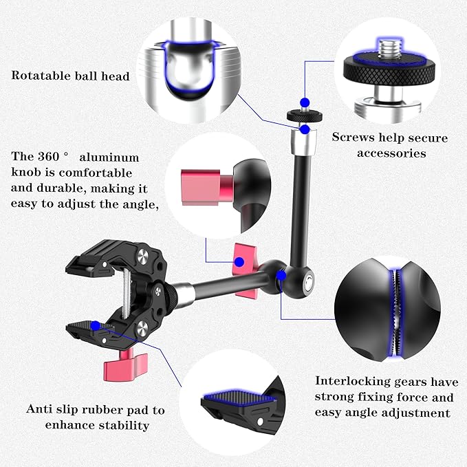 Taisioner 9.8" Magic Arm Clamp Kit with 1/4" 3/8" Screw 360° Ball Heads Articulating Arm with Super Clamp Camera Monitor Mount for Light Monitor Webcam or Camera 1.5kg for Table Tube
