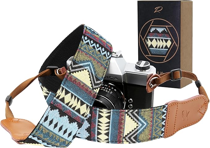 Padwa Lifestyle Camera Strap - 2" Cowhide Head Camera Straps for Photographers,Vintage Jacquard Embroidery Woven Cotton Adjustable Shoulder Neck Straps for Cameras,Binoculars（Cool Ethnic Style Green）
