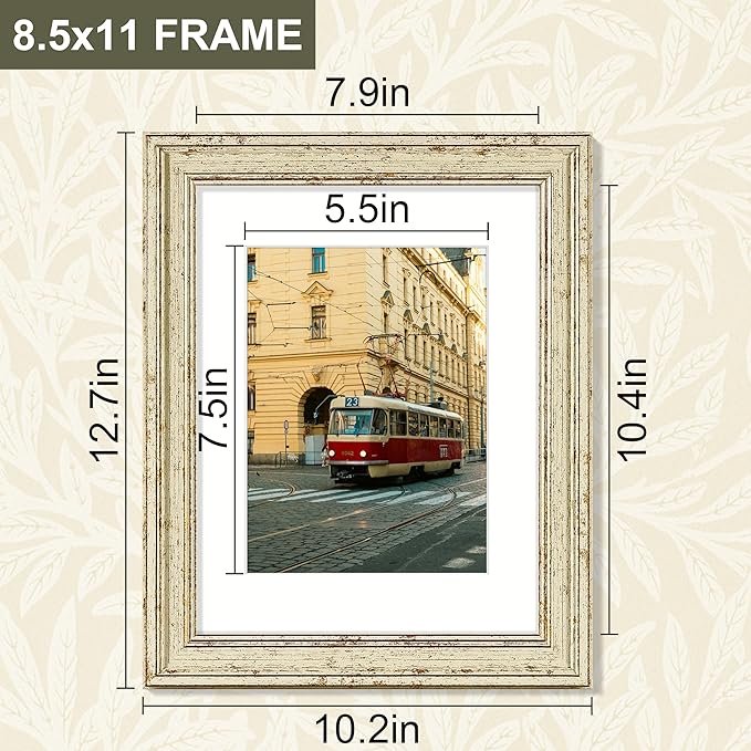 Vittanly 8.5x11 Picture Frame Set of 4, Vintage Photo Frame for Wall Mount, Display 6x8 Pictures with Mat or 8.5x11 without Mat, Rustic Farmhouse Home Decor, Green Gold