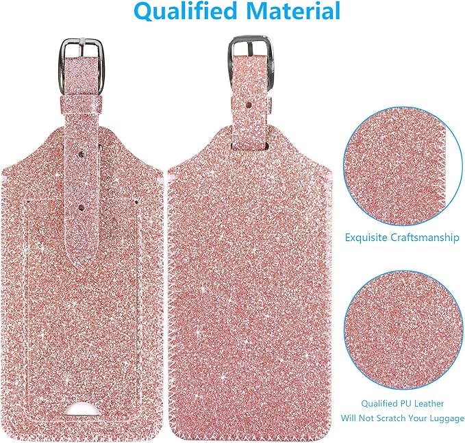 ACdream Luggage Tags 2 Pack, Leather Suitcase Identifiers, Cute Cruise ID Labels with Privacy Cover fits on Backpack for Women, Men, Adults, Kids, Travel Bag, Glitter Rose Gold