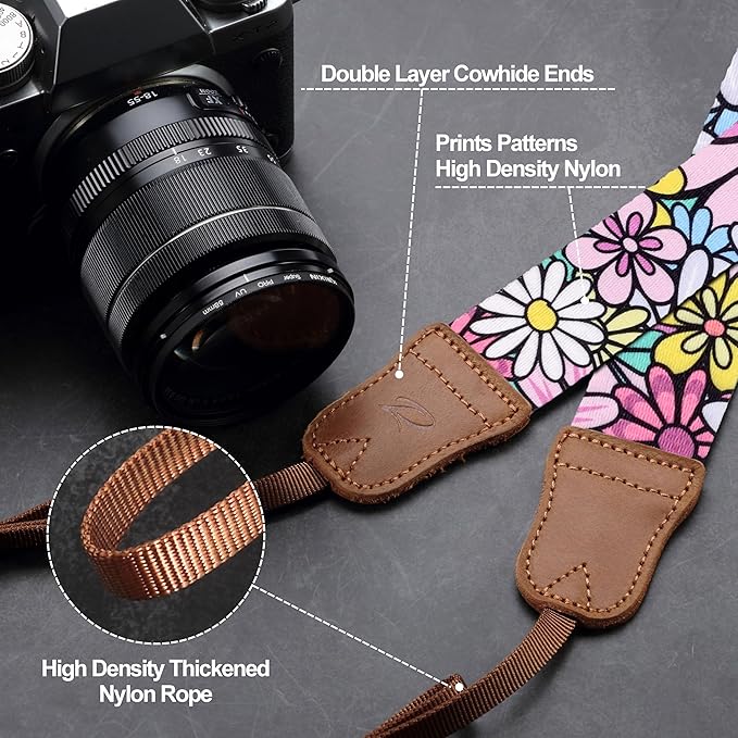 Padwa Lifestyle Camera Strap - 1.5" Soft Nylon Print Crazy Horse Cowhide Head Camera Straps for Photographers and All Cameras,Cute Adjustable Vintage Woven Strap for Adults & Kids(Sunshine Flower)