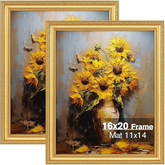 16x20 Gold Picture Frames Set of 2, Ornate Vintage 16 x 20 Photo Frames for Wall Decor or Tabletop Display, Gold Frames with Plexiglass, Display 11x14 Pictures with Mat or 16x20 without Mat for Antique Déco